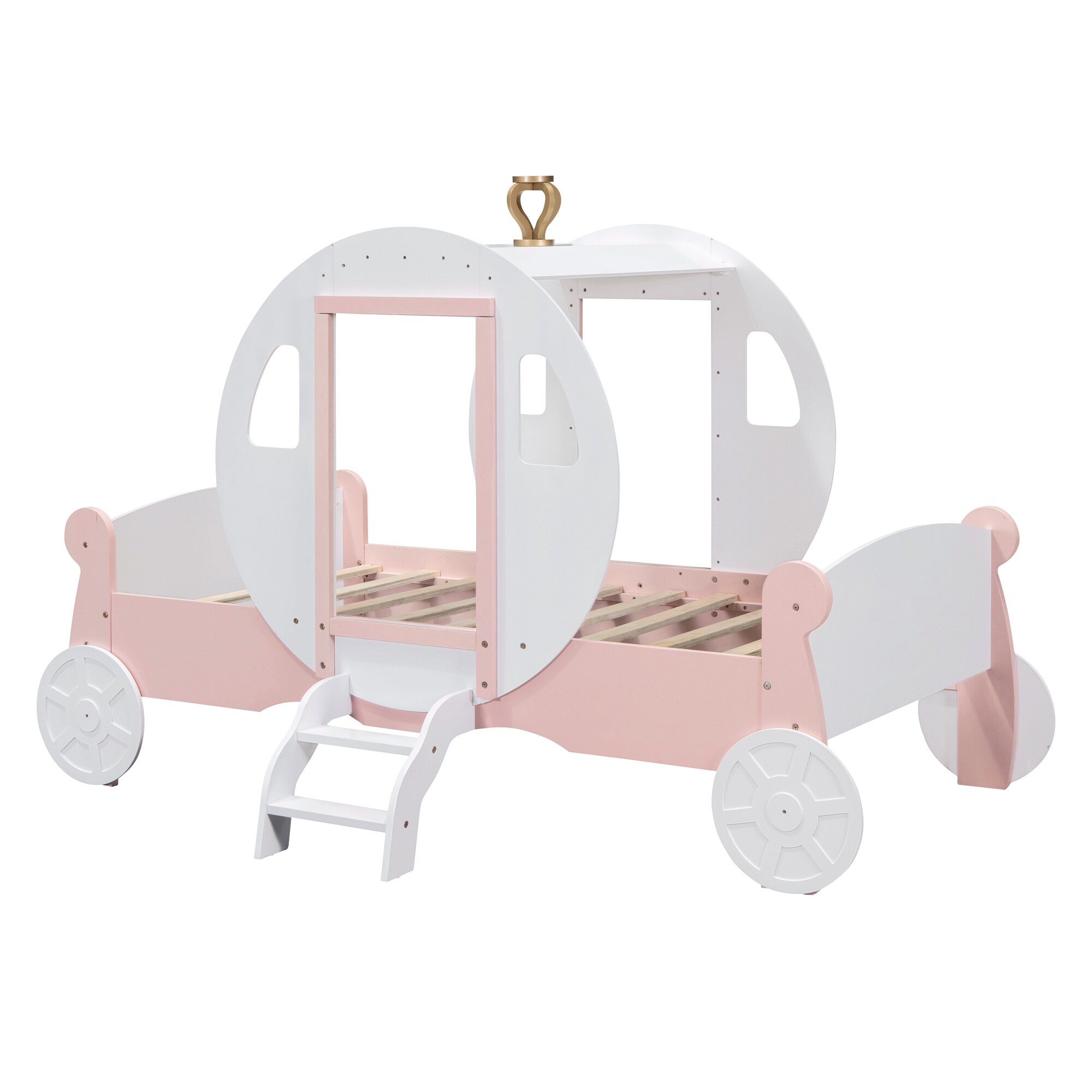 Princess Carriage Bed Twin Size Wood Platform Car Bed Frame w Stair Crown for Kids Teens No Box Spring Needed White Pink On Sale Bed Bath Beyond 39716473